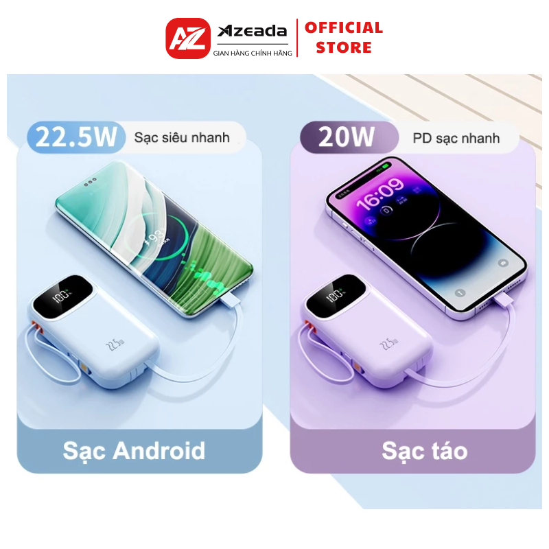 Sạc Dự Phòng PD 22.5W 10000mAh 20000mAh Pin Dự Phòng Tích Hợp Dây Đôi Sạc Nhanh Có Màn Hình Led P03 | BigBuy360 - bigbuy360.vn