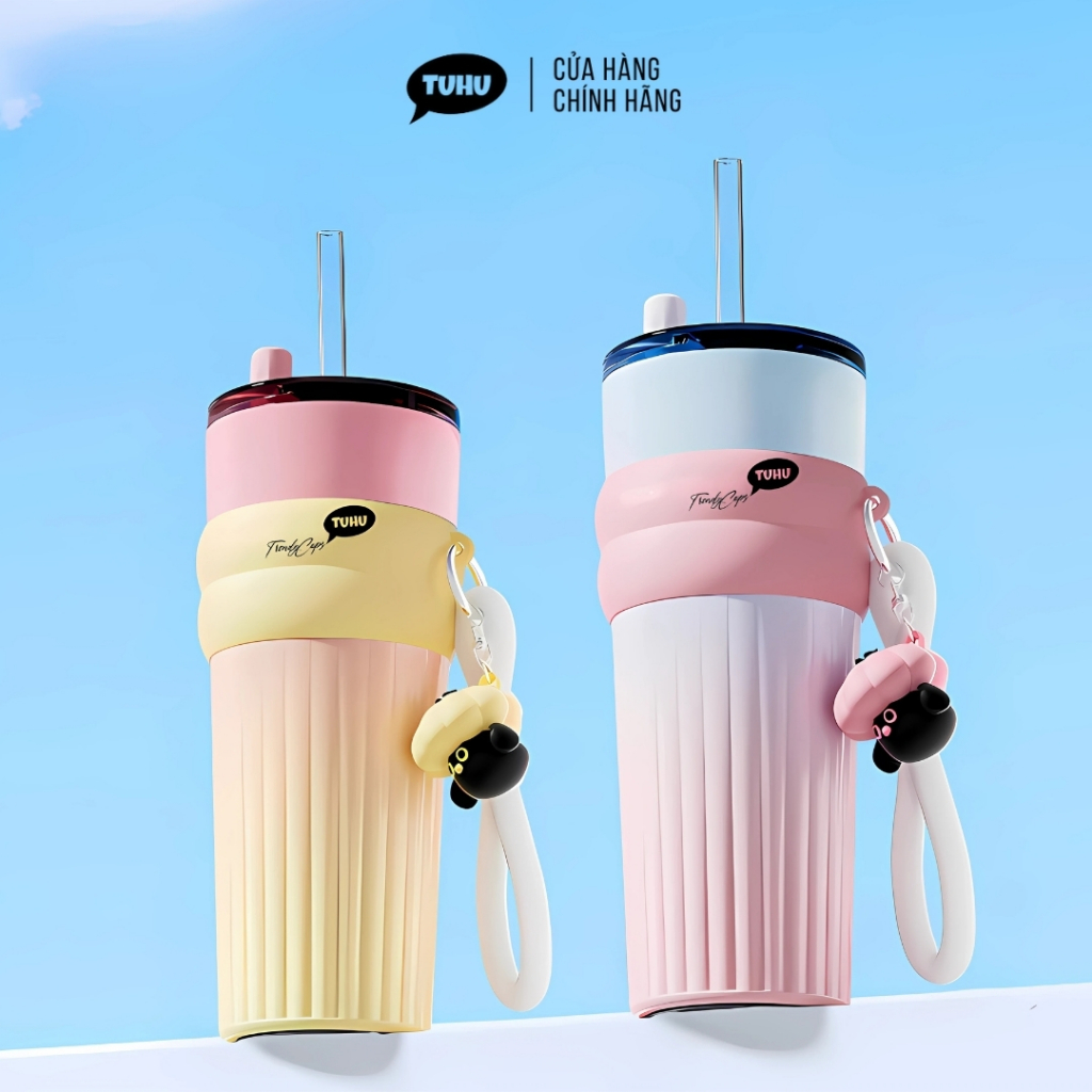  Ly giữ nhiệt khắc tên FUN V3 700ml phủ sứ cốc giữ nhiệt nóng lạnh inox 316 lót gốm có ống hút thuỷ tinh  - TUHUHOUSE 