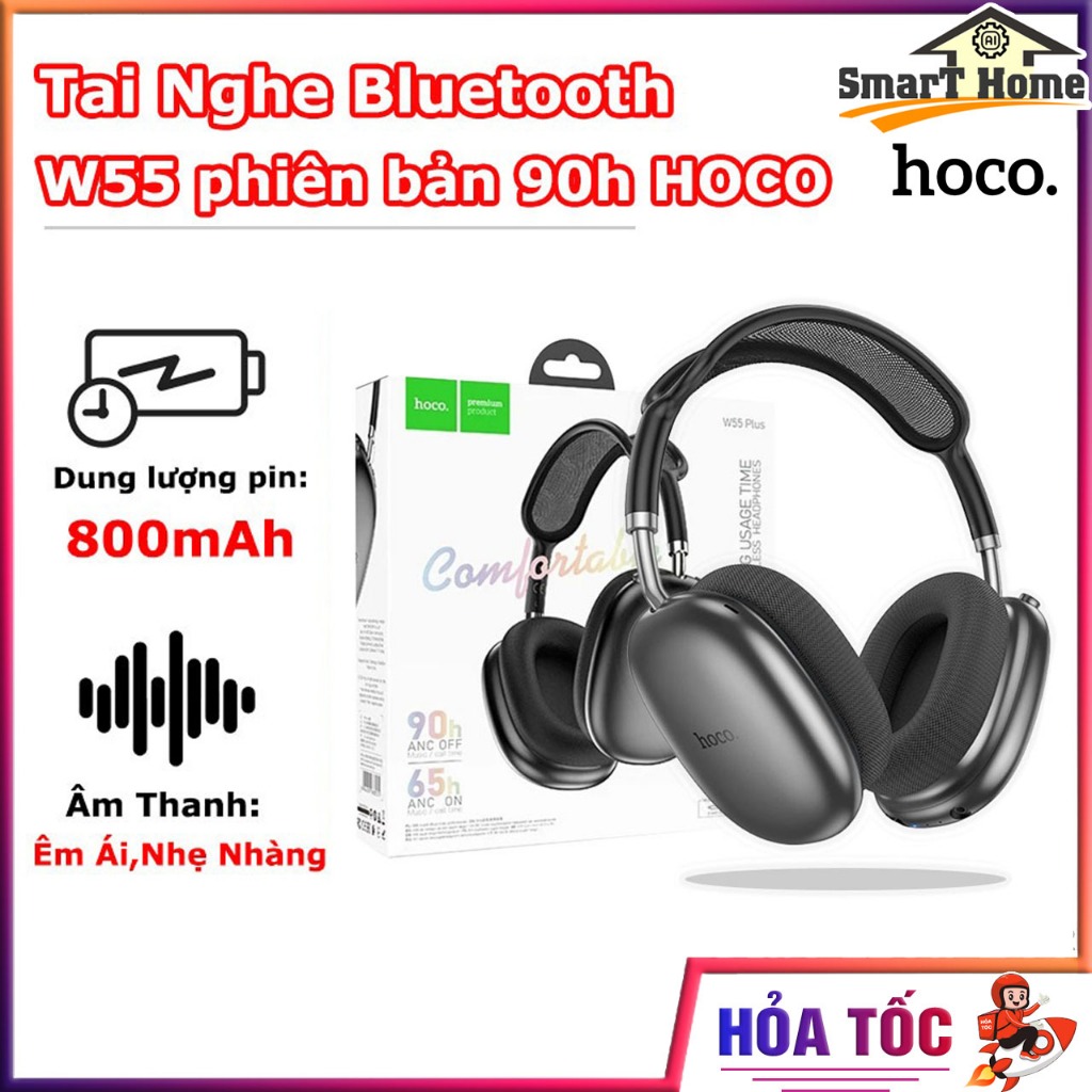 Tai nghe chụp tai Bluetooth W55 phiên bản 90h HOCO - Chất Liệu Cao Cấp, Âm Thanh Chất Lượng, Êm Ái K