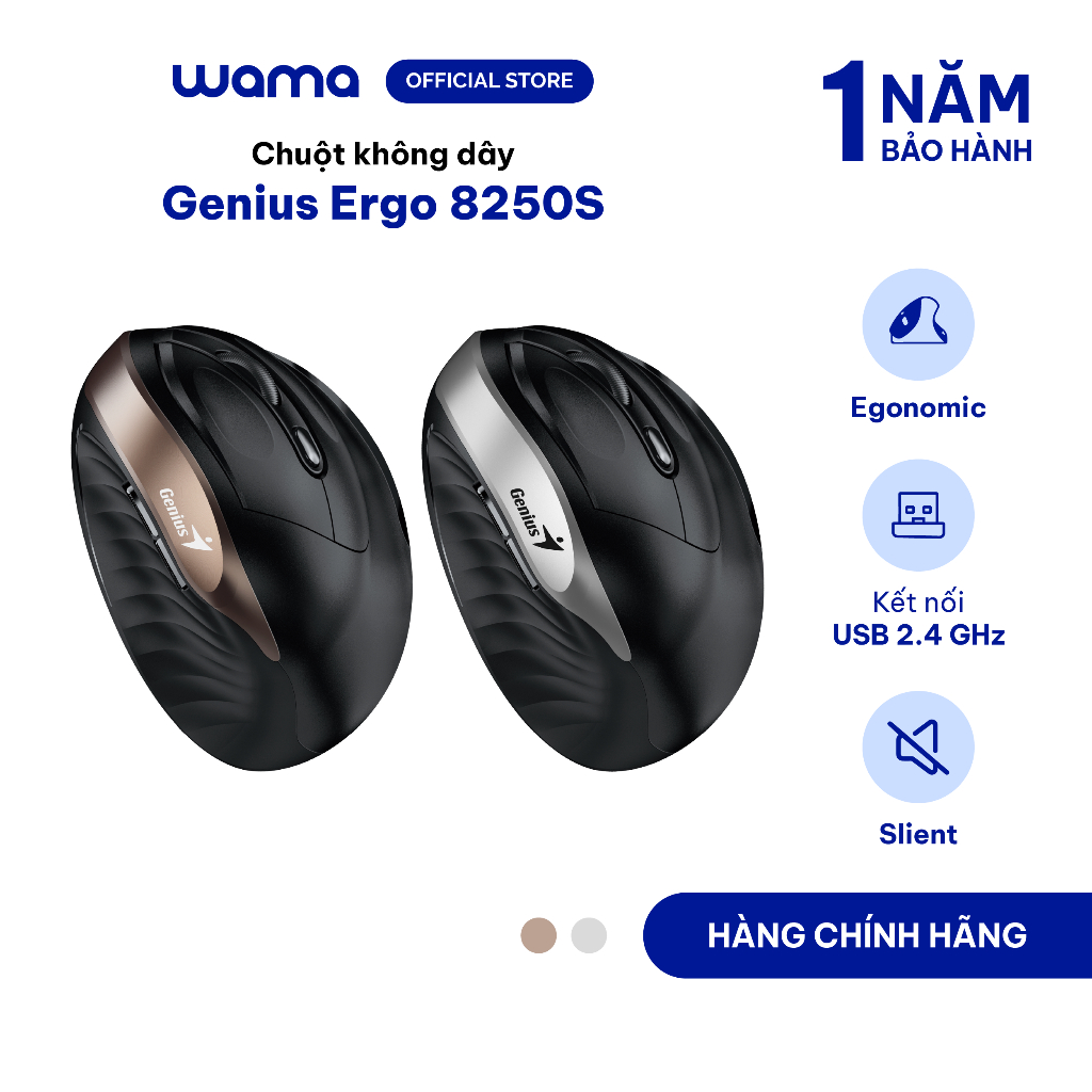 Chuột không dây công thái học Genius Ergo 8250S Góc nghiêng 57° giảm mỏi cổ tay Click êm giảm tiếng 