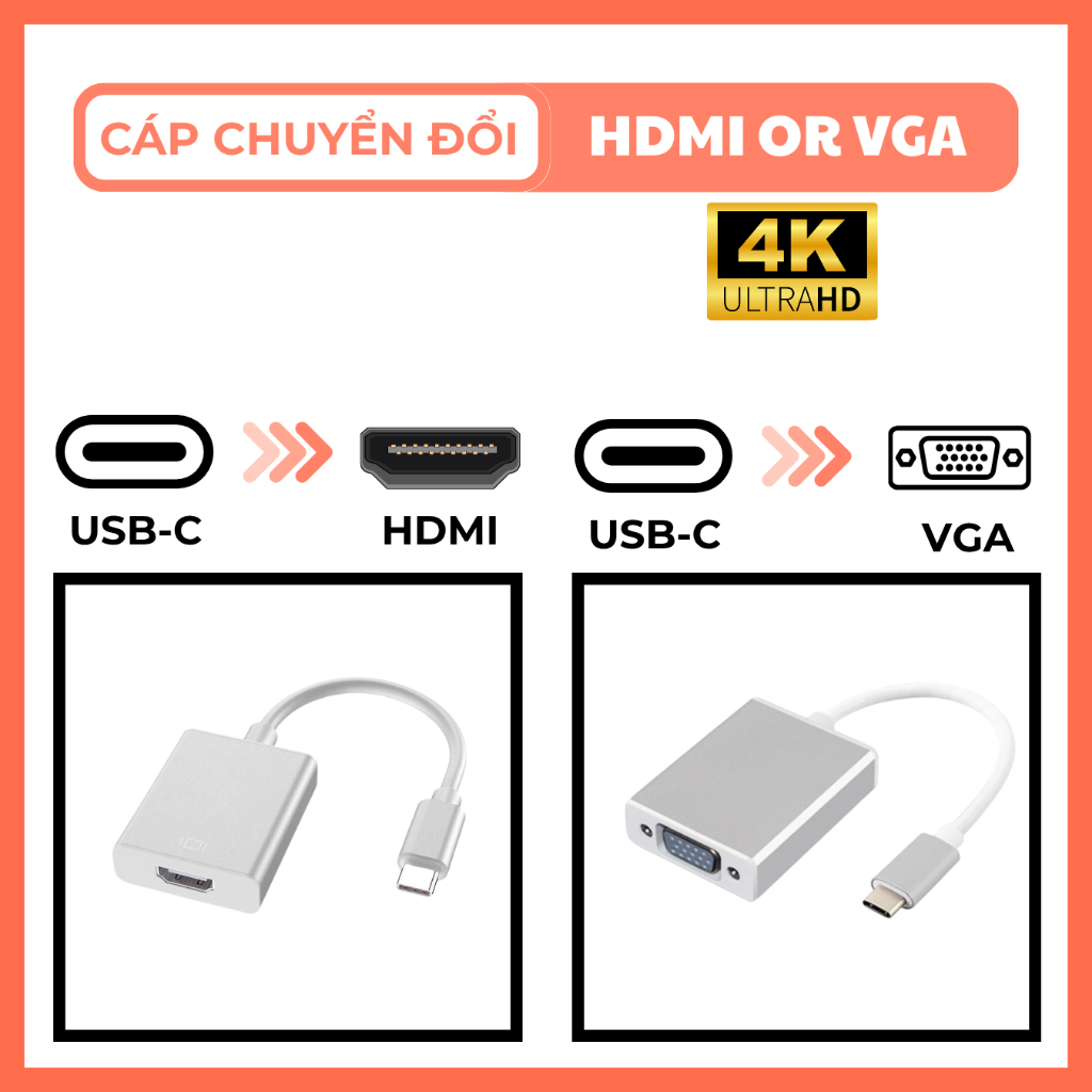 Cáp Chuyển Đổi Type-C Sang HDMI VGA – Cable USB 3.1 Type-C To HDMI VGA Cho MacBook, Laptop,...