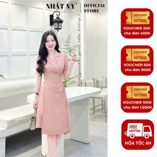  Đầm nữ Nhật Vy cổ vest tay ngắn dáng xoè chất lụa công sở dự tiệc màu hồng xanh đen - D3505 