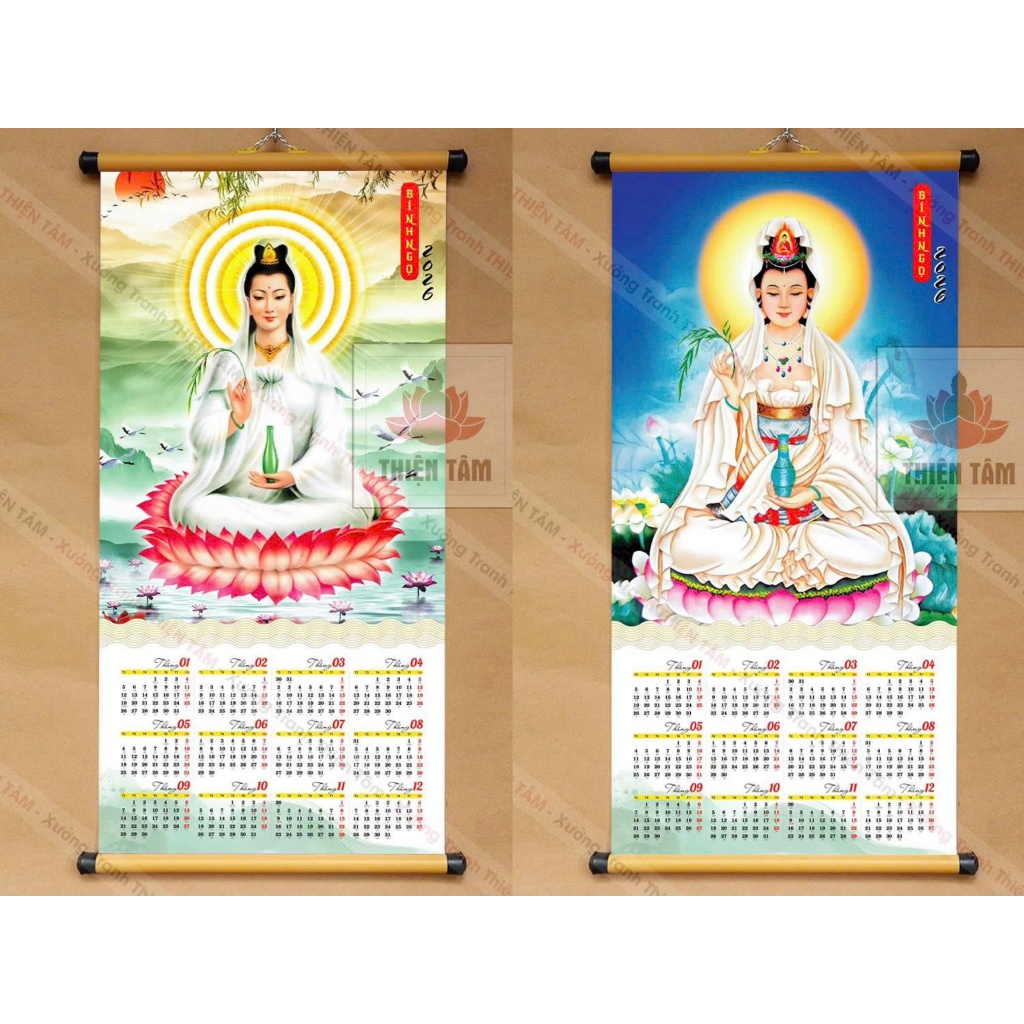 Lịch Quan Âm Bồ Tát 2026 kích thước 40x80cm bằng vải bóng cao cấp, dày dặn (có ngày âm lịch)