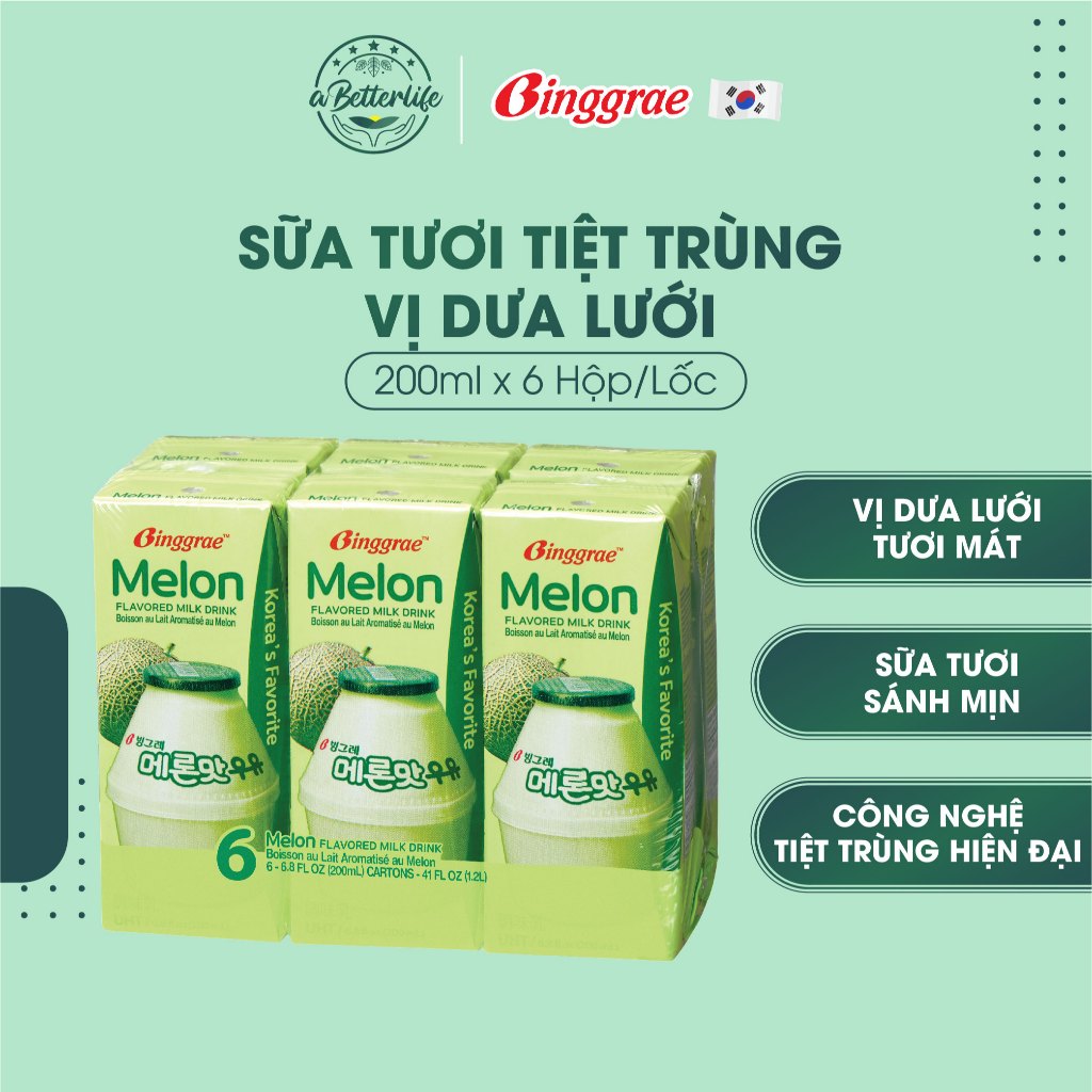 Lốc 6 hộp sữa dưa lưới Hàn Quốc Binggrae Melon Milk 200ml ABetterLife
