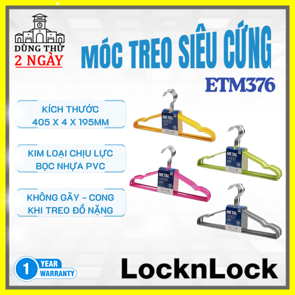 Combo 10 móc treo quần áo siêu cứng LocknLock ETM376 / ETM391, ko gãy cong khi treo đồ nặng