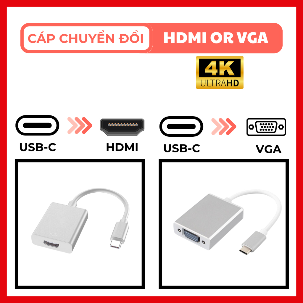 Cáp Chuyển Đổi Type-C Sang HDMI VGA – Cable Type-C To HDMI VGA Cho MacBook, Laptop,...