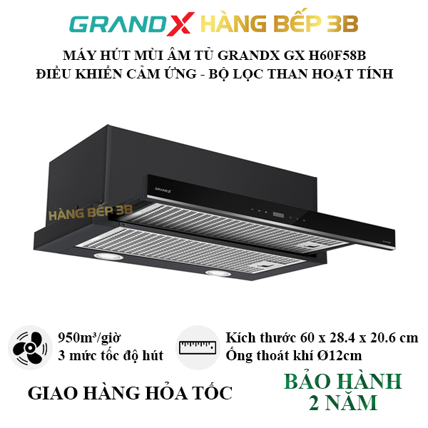 Máy hút mùi âm tủ GrandX Lite GX H60F58B (dài 60cm) điều khiển cảm ứng - Bảo hành 2 năm