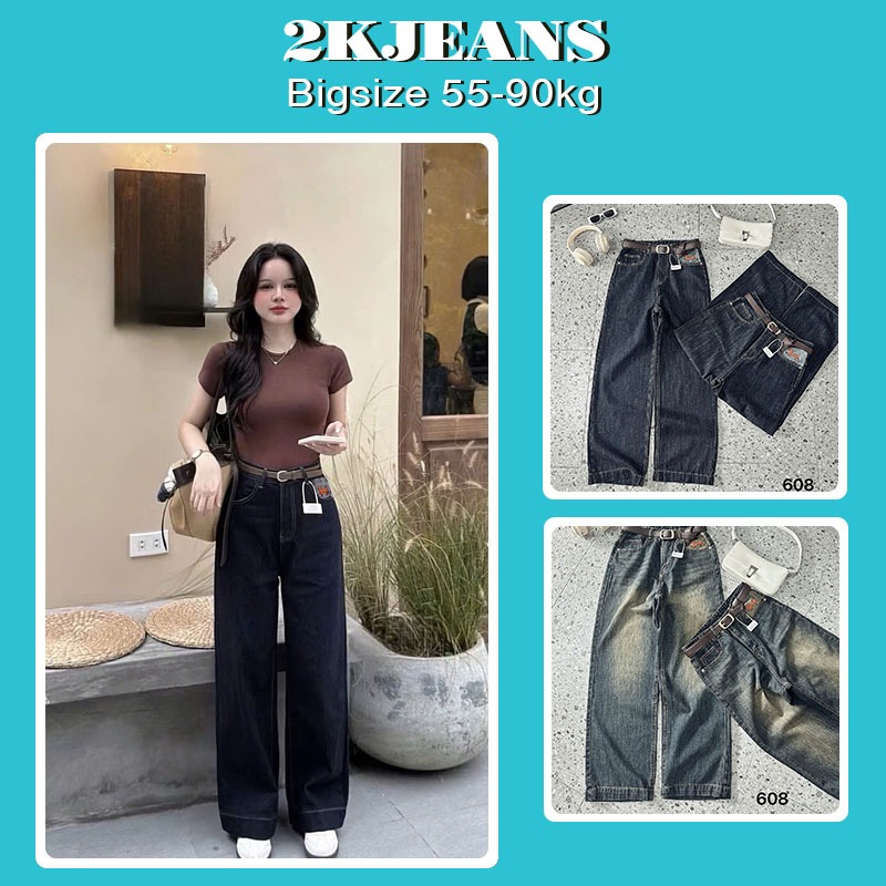 Quần suông ống rộng jean nữ Bigsize 55-90kg, kiểu dáng ống rộng thêu hình túi hàng cao cấp 2KJeans Q