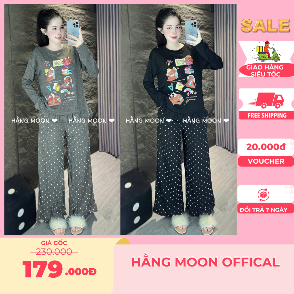 Set Đồ Nữ BigSize, Set Bộ Dài Tay TĂM LẠNH Thu Đông From Dáng Rộng IN HÌNH NGỘ NGHĨNH Phối Quần CHẤM