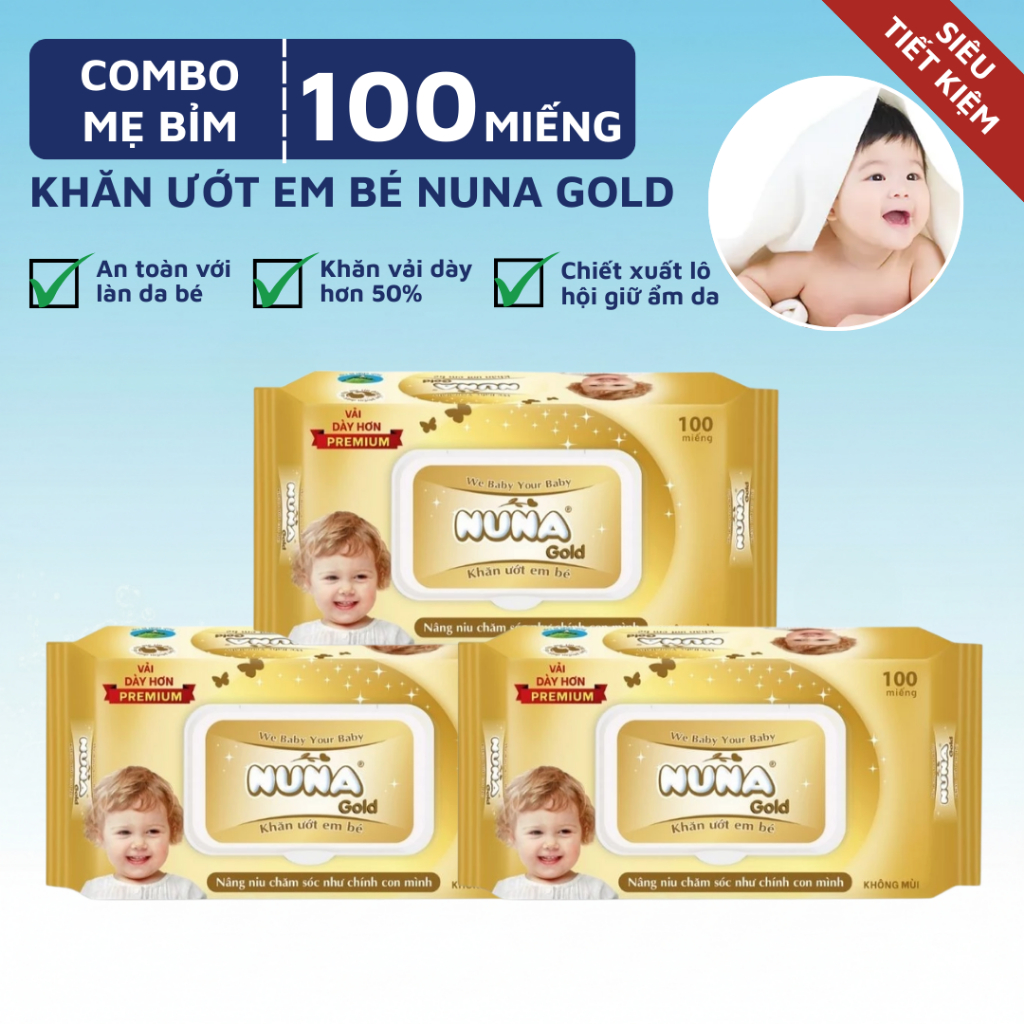 Khăn Ướt Em Bé Nuna Gold Premium 100 Miếng Vải Rayon Dày Gấp Đôi Chiết Xuất Lô Hội An Toàn Cho Bé