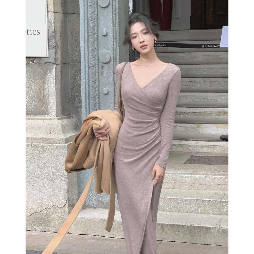 Đầm nữ dài tay Mila cổ V dáng dài quấn nhún eo, vạt chéo tôn dáng chất thun len Mỹ ôm body quyến rũ mặc dự tiệc đi làm | BigBuy360 - bigbuy360.vn