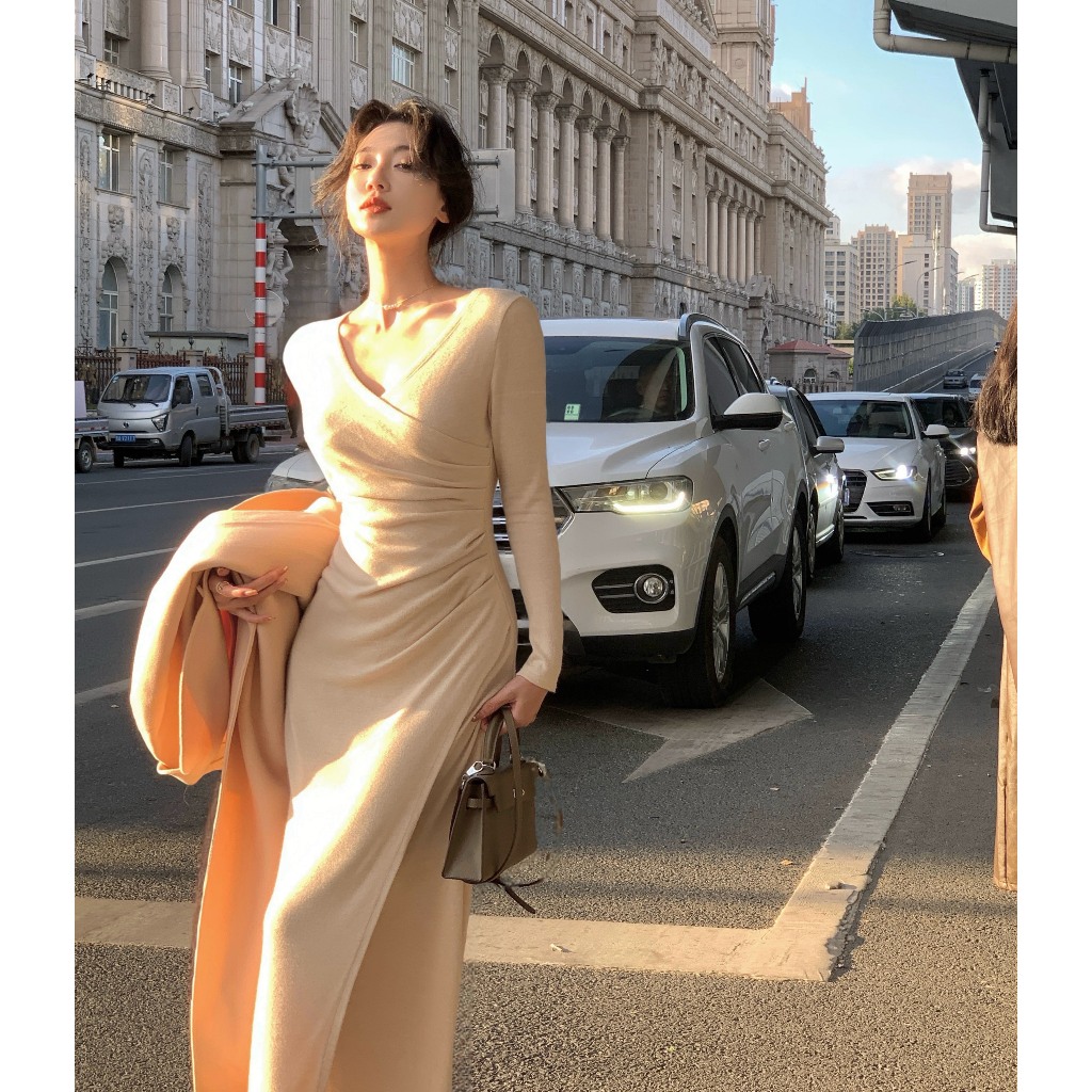 Đầm nữ dài tay Mila cổ V dáng dài quấn nhún eo, vạt chéo tôn dáng chất thun len Mỹ ôm body quyến rũ mặc dự tiệc đi làm | BigBuy360 - bigbuy360.vn