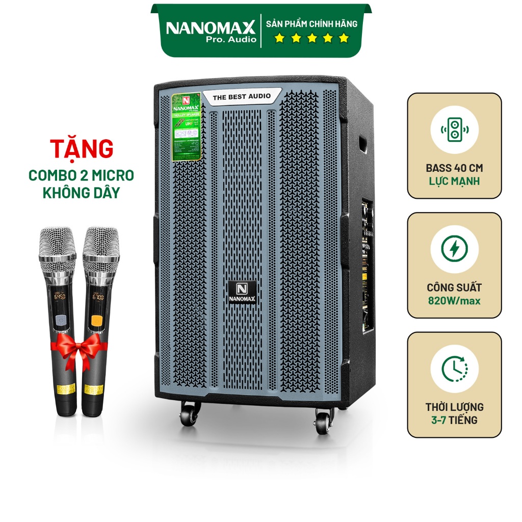 Loa Kéo Công Suất Lớn Nanomax K-180 K180 Bass 4 Tấc 40cm 820w Karaoke Bluetooth Lưới Xám Siêu Công N