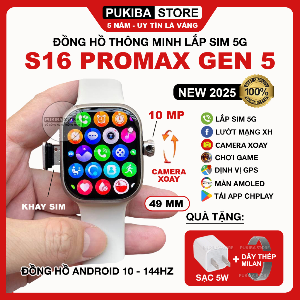 Đồng Hồ Thông Minh S16 Promax Gen 5 144Hz Lắp sim 5G, Camera 10MP, Wifi, Lướt MXH, Tải App CHplay, A