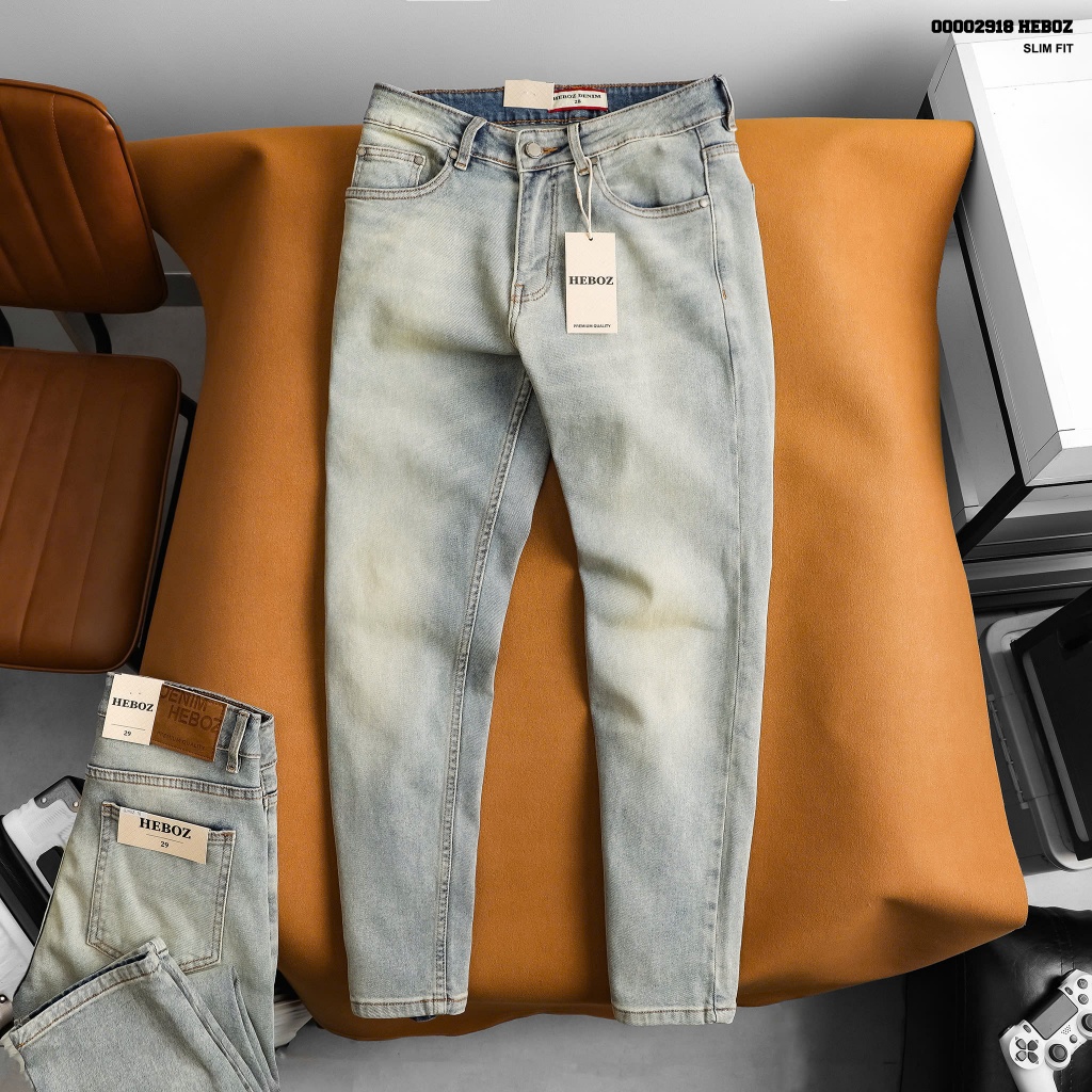 Quần jean nam Heboz dáng slim trơn D076, quần dài denim wash cao cấp - 00002918