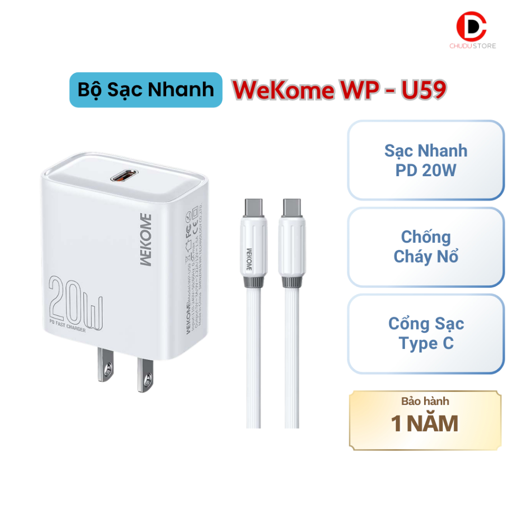 Bộ Sạc WEKOME WP-U59 20W Type C, Hỗ Trợ Sạc Siêu Tốc Cho Điện Thoại & Máy Tính Bảng - Chudu Store