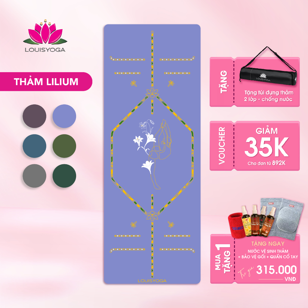 Thảm Yoga Cao Su Cao Cấp Louis Yoga - LILIUM – 6.5mm, Mặt nhám, 3 lớp, Cao su PU sinh thái, Độ bền c