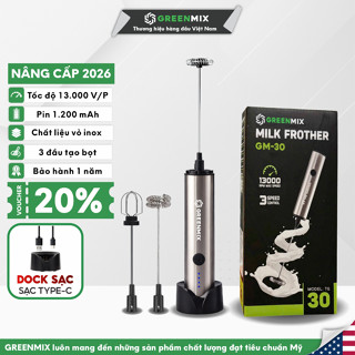 Máy tạo bọt cafe microfoam, máy đánh trứng mini cầm tay GREENMIX GM-30 3 đầu đánh, tốc độ 13000 vòng/phút, pin 1200mAh