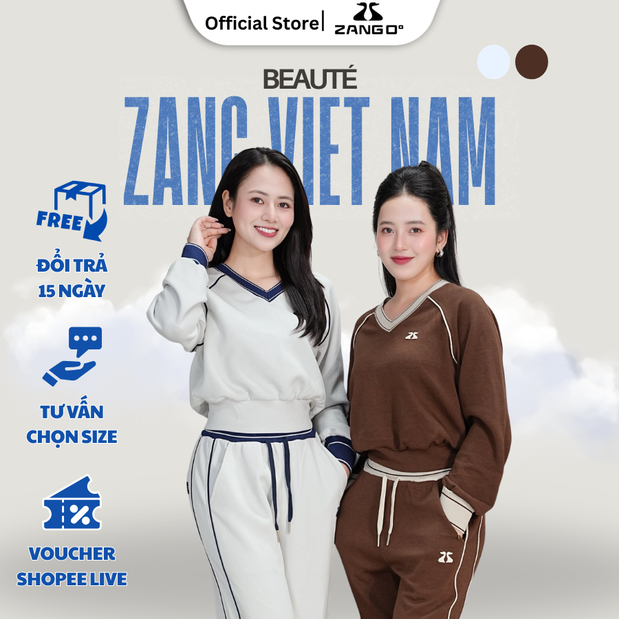 Bộ Nỉ Thể Thao Nữ Thu Đông "BEAUTÉ" - Cổ V Dài Tay Dáng Lửng Chất Liệu Cao Cấp - Zang Việt Nam 3322