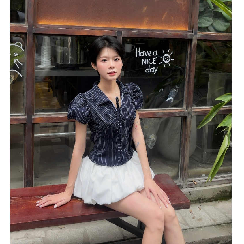 Áo Sơ Mi SAIGONESE Form Chiết Eo Phối Ren Nơ Tay Phồng Chuẩn Dáng Nữ - A01SP | BigBuy360 - bigbuy360.vn