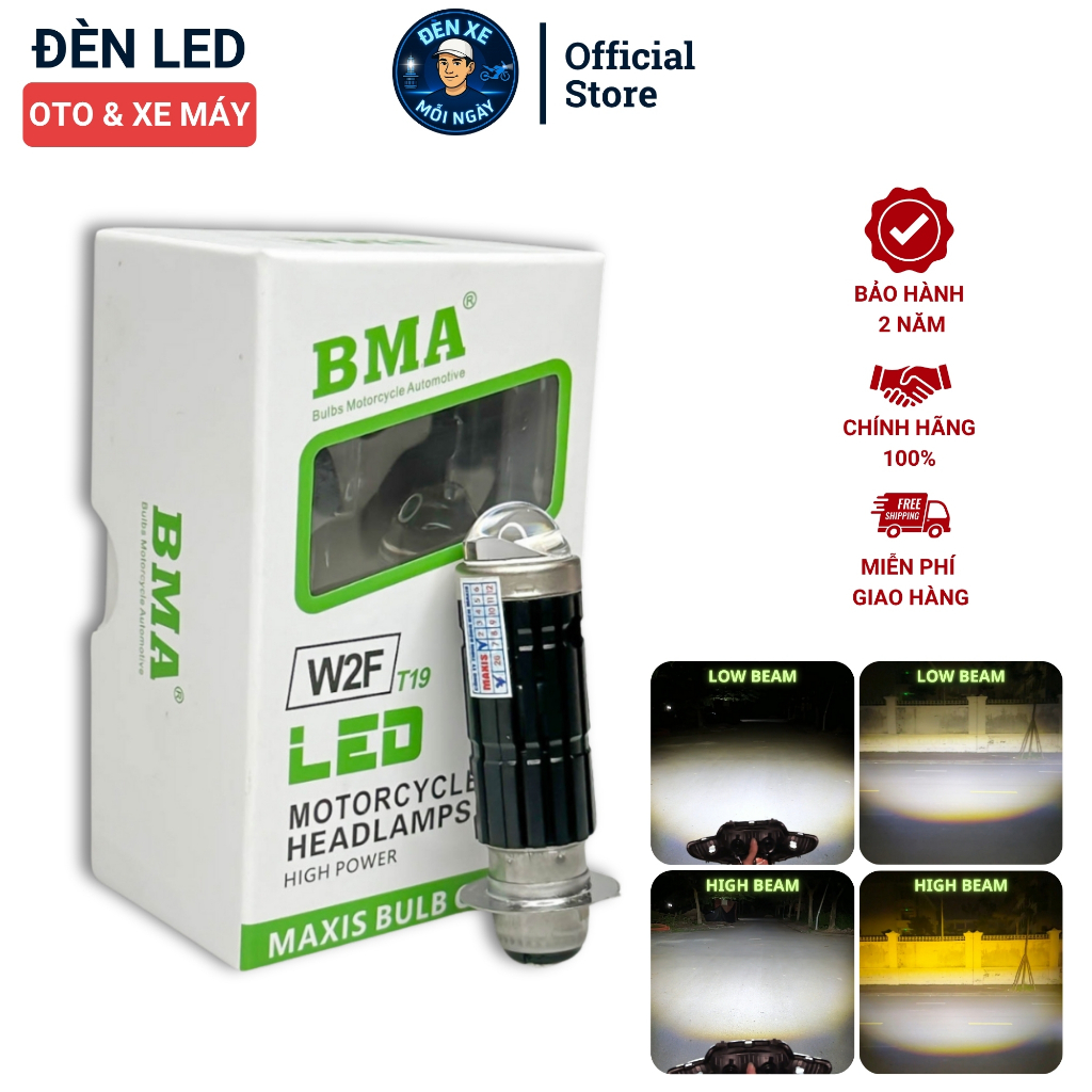 Đèn Pha Bi Cầu W2F BMA - Chân Bóng M5 Cos Trắng Pha Trắng Lắp Dream, Wave Nhỏ, Fu1...