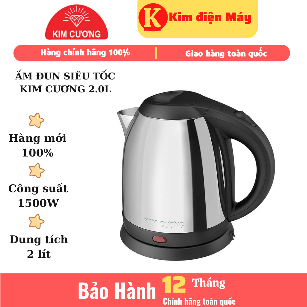Ấm đun siêu tốc Kim Cương 2.0l thân ấm bằng inox không ghỉ