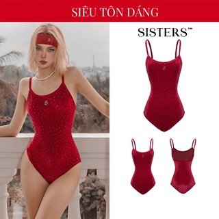  Bikini đỏ kín đáo nhung kim sa SISTERS 1 mảnh 2 dây ôm sát siêu tôn dáng đính logo inox Bridgette Swimsuit| SS-BK63-DO 