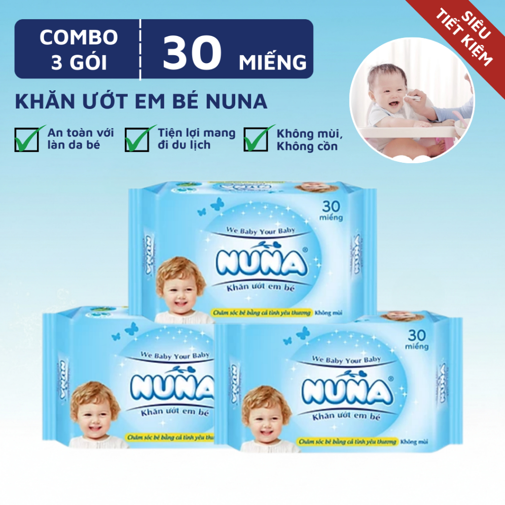 Combo 3 Gói Khăn Ướt Em Bé Nuna 30 Miếng Gói Nhỏ Tiện Lợi Bỏ Túi Không Cồn Paraben Chiết Xuất Lô Hội An Toàn Cho Bé