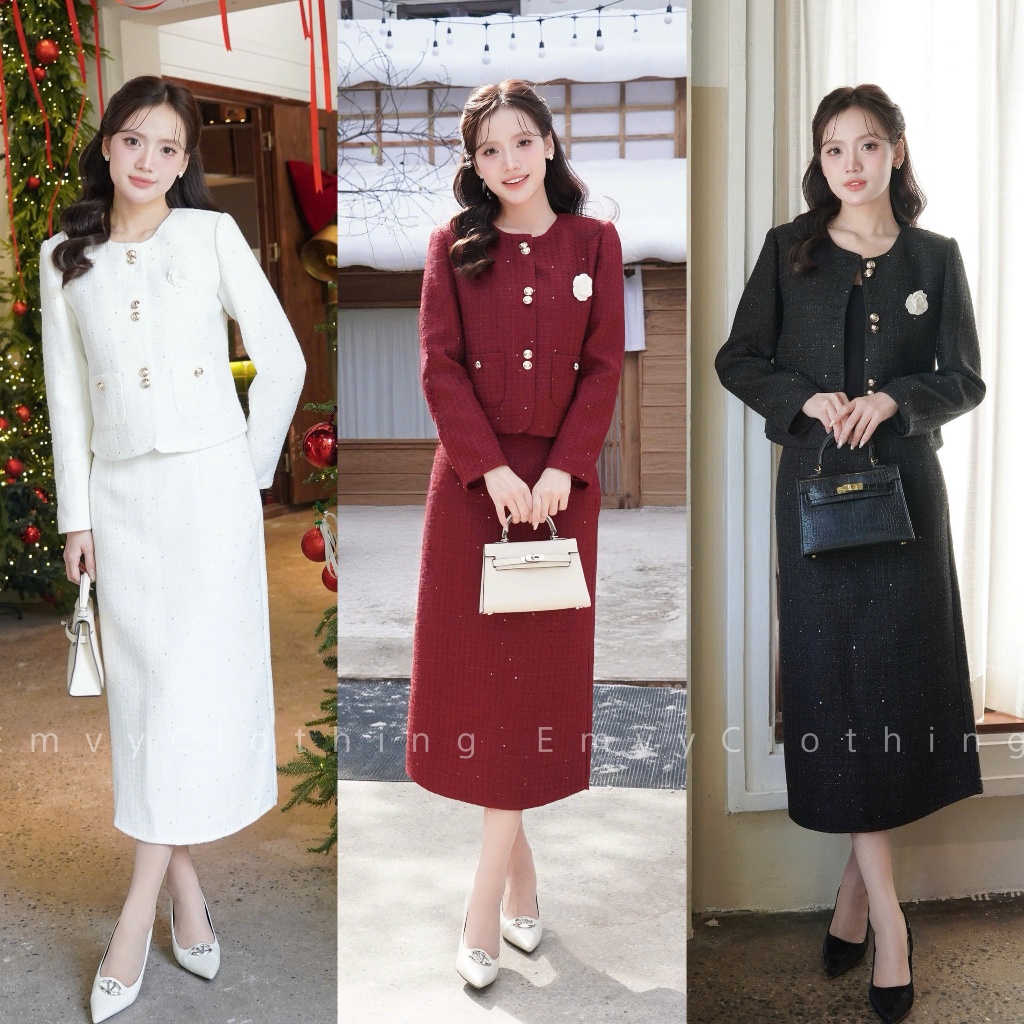 Set Váy Dạ Tweed Ánh Kim Tuyến Lót Lụa Cài Hoa Sang Trọng Cap Cấp Emvy Fashion S189