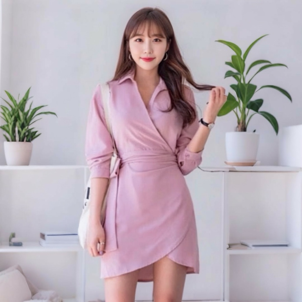 Đầm sơ mi hồng đắp tà, váy dạo phố cá tính năng động (kèm hình thật)