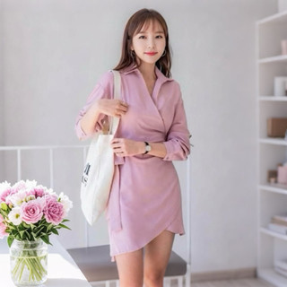 Đầm sơ mi hồng đắp tà, váy dạo phố cá tính năng động (kèm hình thật)