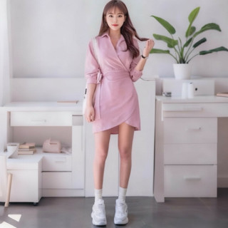 Đầm sơ mi hồng đắp tà, váy dạo phố cá tính năng động (kèm hình thật)