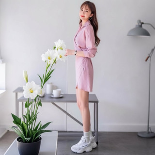 Đầm sơ mi hồng đắp tà, váy dạo phố cá tính năng động (kèm hình thật)