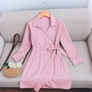 Đầm sơ mi hồng đắp tà, váy dạo phố cá tính năng động (kèm hình thật)