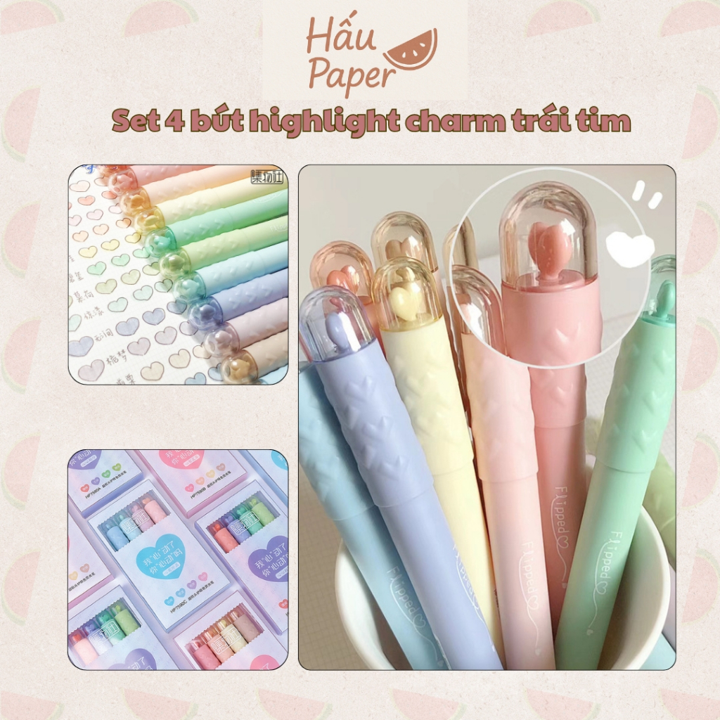 Hấu Paper Set 4 bút hightlight tone màu pastel nhẹ nhàng gắn charm trái tim dễ thương, màu êm mắt, k