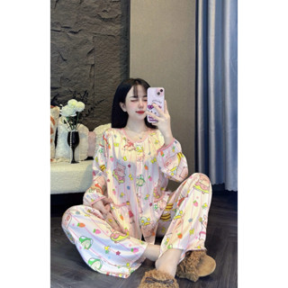  HL99  40-105kg  BỘ PYJAMA ÁO TAY DÀI QUẦN DÀI CỔ TRÒN KÈM CỘT TÓC- Form rộng - Nữ 
