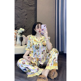  HL28  40-105kg   BỘ PIJAMA TAY NGẮN PHỐI BÈO QUẦN DÀI - FOM RỘNG - Kèm Cột Tóc - Nữ 