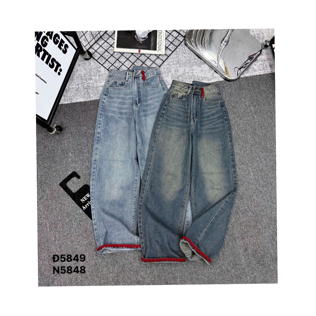 (S- XXL, DÀI 102CM ) QUẦN JEANS NỮ DÁNG SUÔNG DÀI 102CM , XANH NHẠT PHỐI LAI VIỀN ĐỎ THỜI TRANG, MẪU