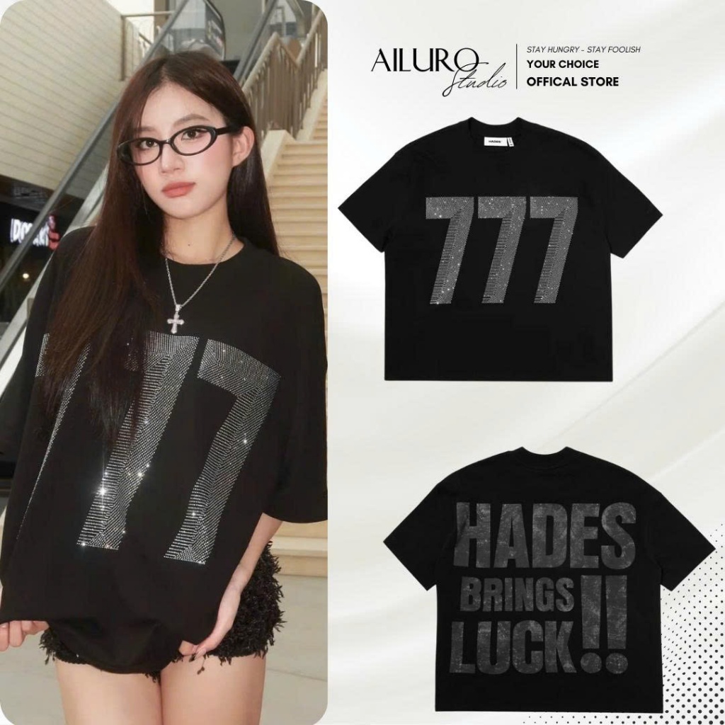 Áo thun unisex Hades 777 Đính Đá chất 100% Cotton phông tay lỡ nam nữ form rộng