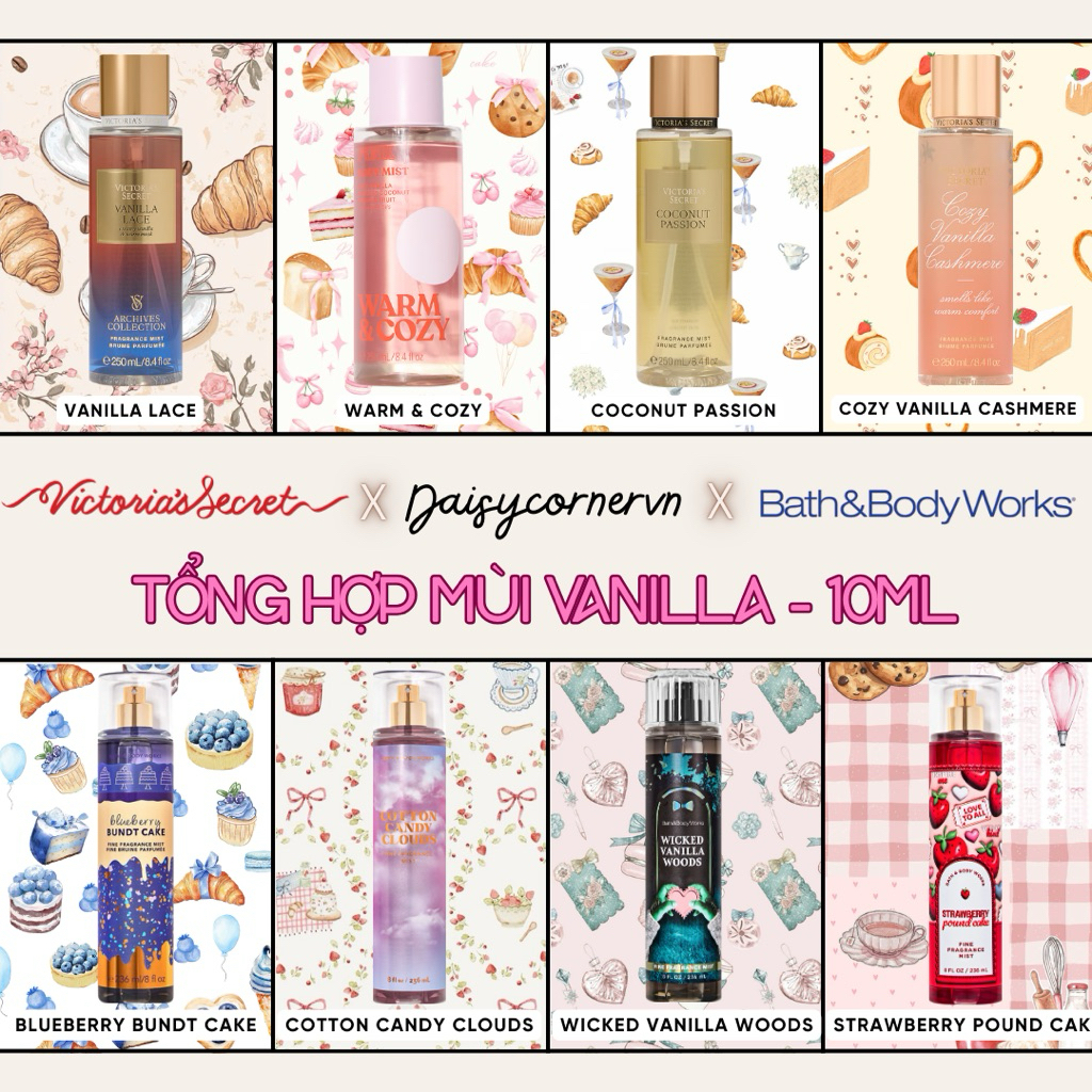 [Mẫu thử 10ml] Mùi Vanilla - Xịt thơm Body mist - Bare Vanilla - Warm Vanilla Sugar - Amber Romance 