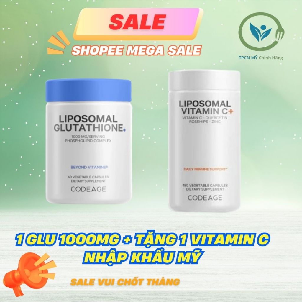 COMBO (1 Glu 1000mg + tặng 1 Vitamin C) Viên Uống Glutathione 1000mg Codeage nhập khẩu Mỹ