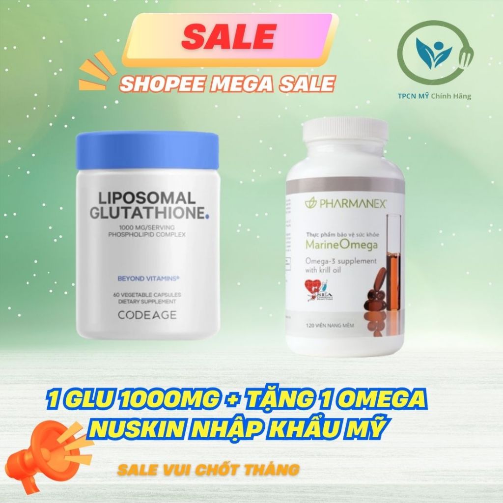 Viên uống làm sáng da Glutathione 1000mg Codeage Mỹ + nhuyễn thể Omega 3 nhập khẩu Mỹ