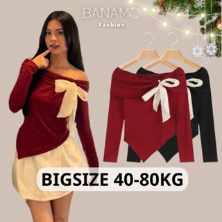  Áo Thun Nữ BIGSIZE Banamo Fashion áo thun dài tay trễ vai phối nơ co giãn thoải mái 3101 