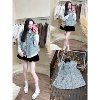  LIPU - SET ÁO GILE DẠ TWEET DÀY DẶN XANH NGỌC CÀI HOA MIX SOMI TRẮNG 