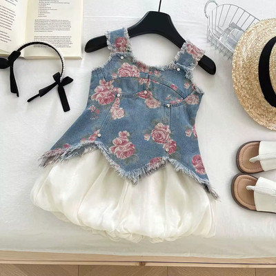 Set Áo 2 Dây Denim Họa Tiết Hoa Quần Bí Cho Bé Gái 1-8 Tuổi MINTSCLOSET Quảng Châu - GA2480