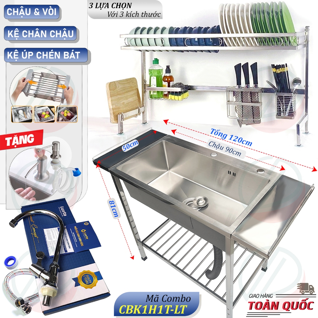 COMBO Chậu Rửa Chén Bát Có Chân Kèm Kệ Úp Chén Đa Năng - Gồm Chậu, Kệ úp chén, Vòi Luxta, tặng rổ rút, vòi hút xà bông