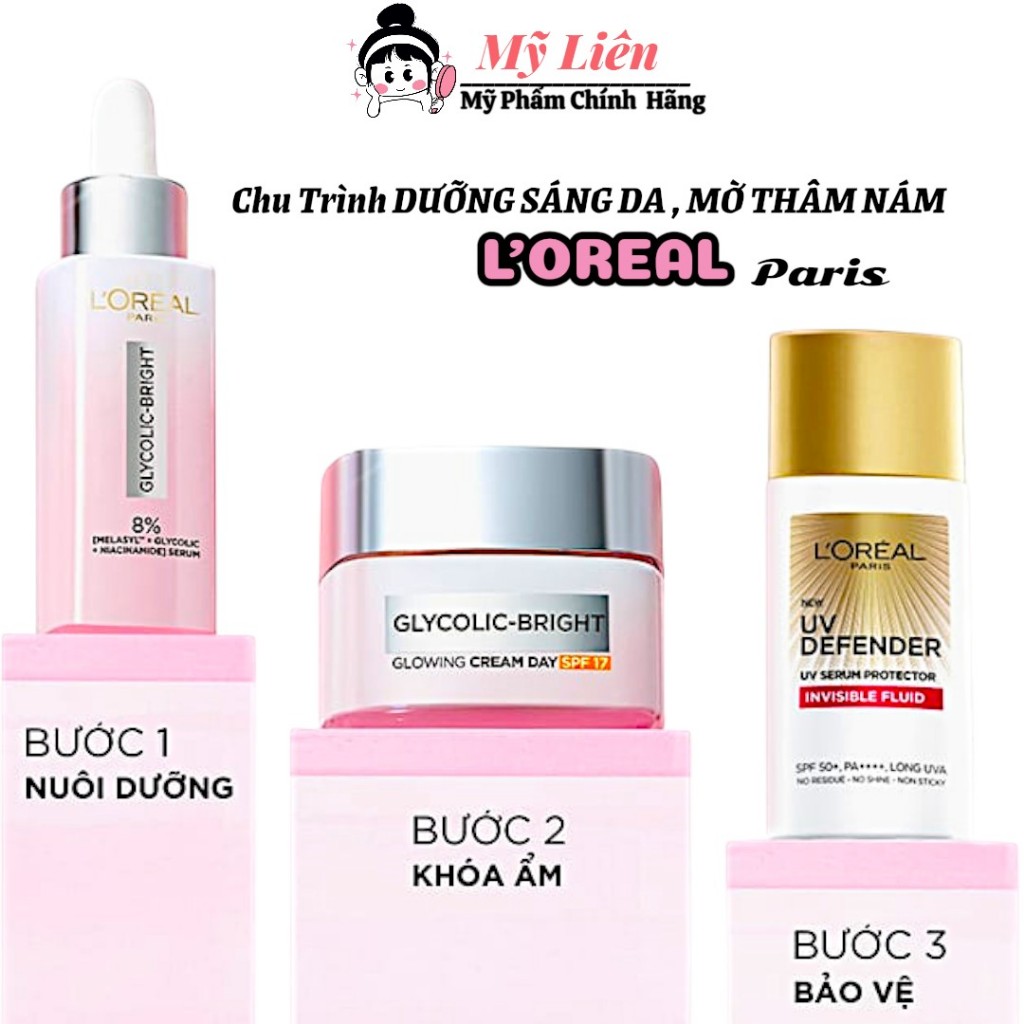 Bộ Kem Dưỡng LOREAL + Serum LOREAL Glycolic Bright - sáng da, mờ thâm nám