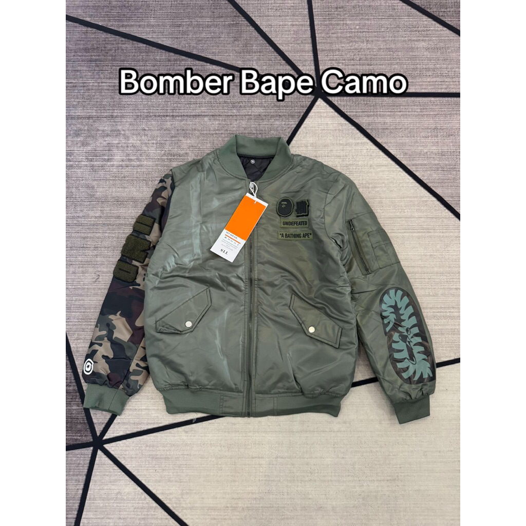 Áo Khoác Bomber Bape Xanh Rêu Hoạ Tiết Cá Mập Trần Bông  - Phong Cách Và sang trọng 