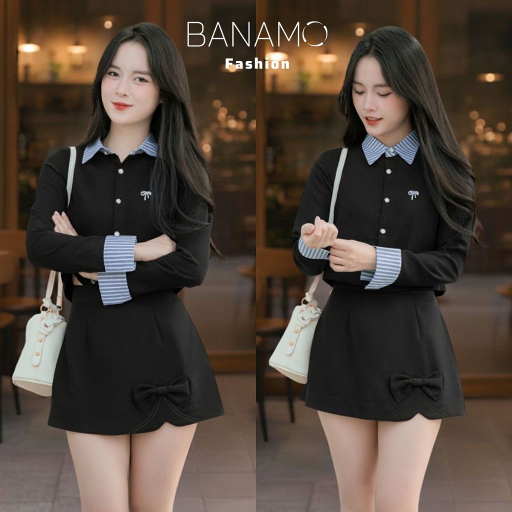Set đồ nữ BIGSIZE Banamo áo sơ mi dài tay phối cổ kẻ sọc xanh mix chân váy chữ A đính nơ dáng xoè Hàn Quốc 1900 | BigBuy360 - bigbuy360.vn