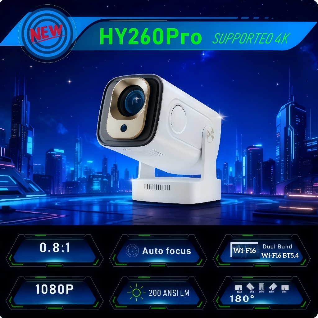 【CÒN HÀNG】HY260Pro Máy Chiếu Gia Đình 4K & 1080P - Tự Động Lấy Nét, Hệ Điều Hành Android, Thiết Kế N